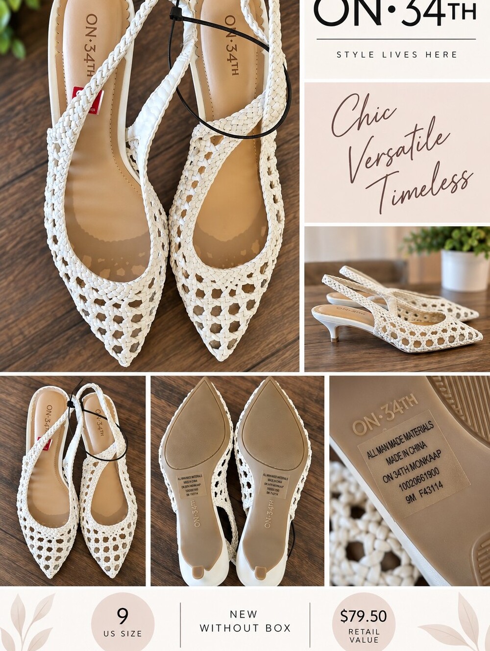 NWOB ON 34th White Crochet Slingback Kitten Heel Pumps - Size 9
